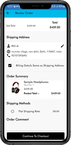 2.  The user can review the order after selecting the Continue to Checkout option and can see various details. Such as product pricing, shipping cost, shipping address (editable on the same page), order summary (number of products), and total price.