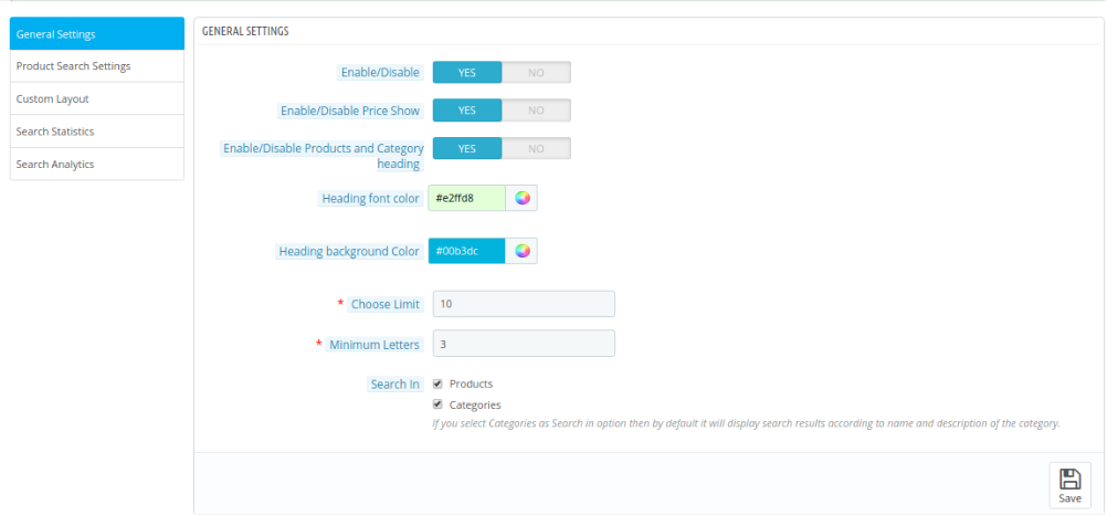 Configuraciones generales | Módulo de sugerencias automáticas de búsqueda de Prestashop | Knowband