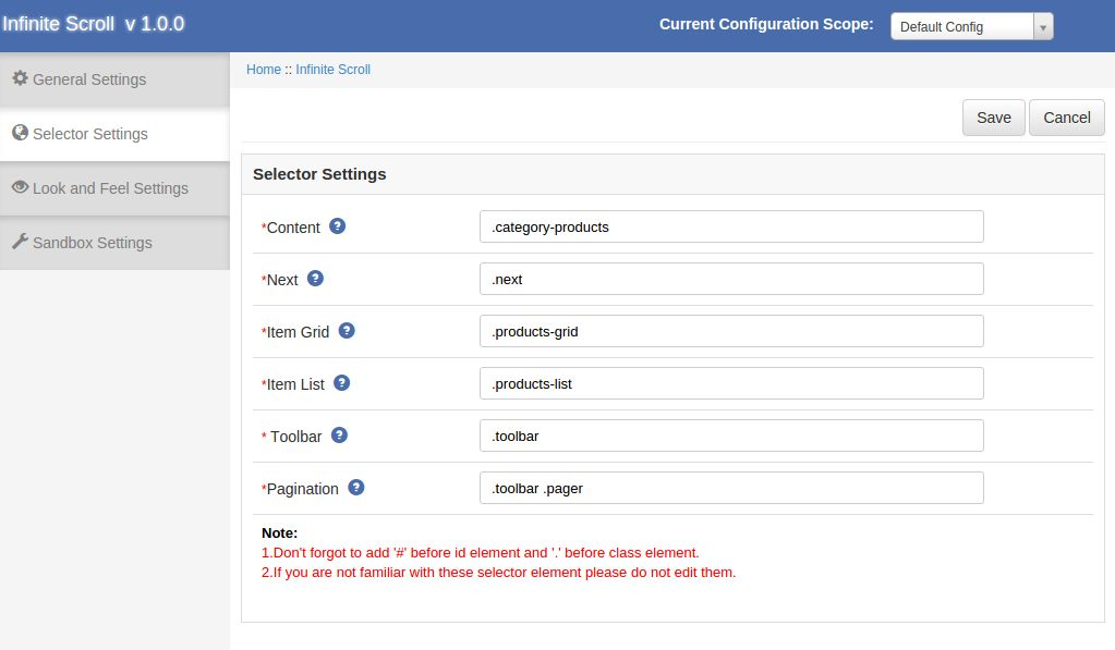 Configuraciones de Selector de Magento Infinite Scroll |  Knowband