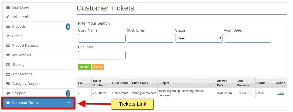 Seller Account Interface of Pestashop Marketplace Customers to Seller Ticket System addon | Knowband