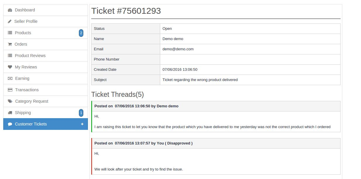 Zobacz interfejs zapytań klientów Pestashop Marketplace do sprzedawcy Ticket System addon | Knowband