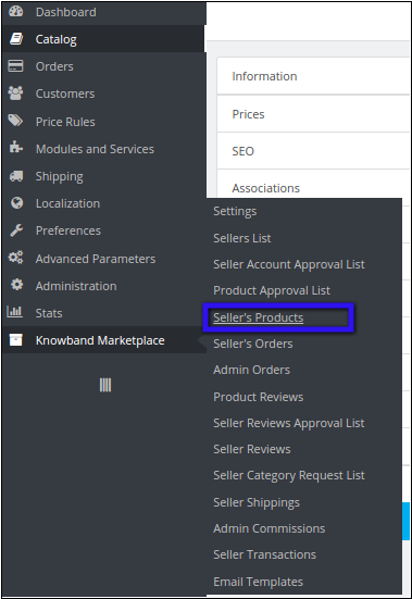 Admin interfaces- Menu location-Seller's product | Knowband