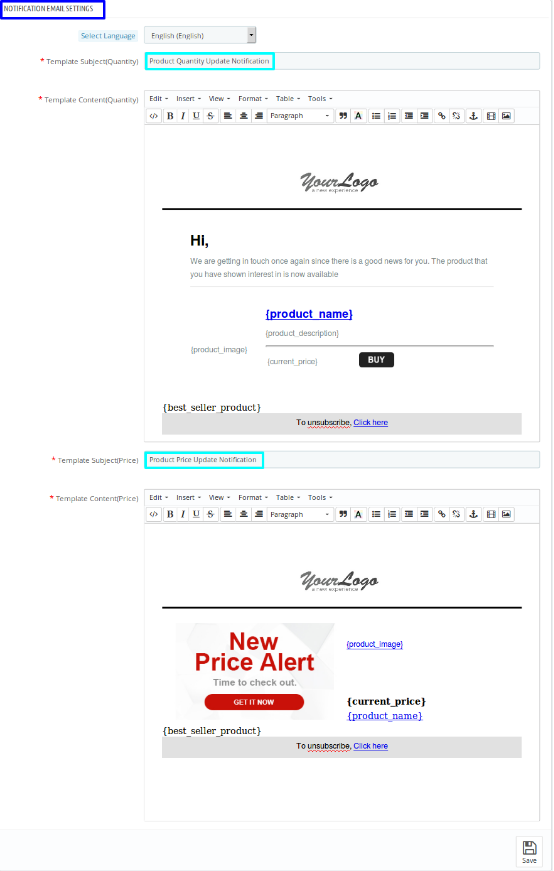 Prestashop Product Update Notification Addon-Email Notification Settings