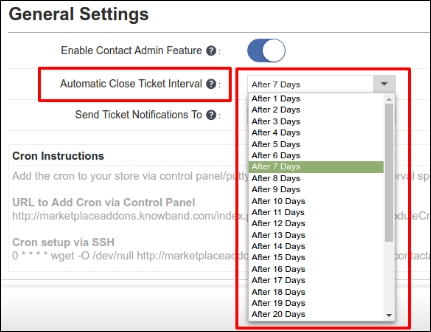 Magento Marketplace Contact Admin Addon-Configuration-Automatic Close Ticket Interval | Knowband