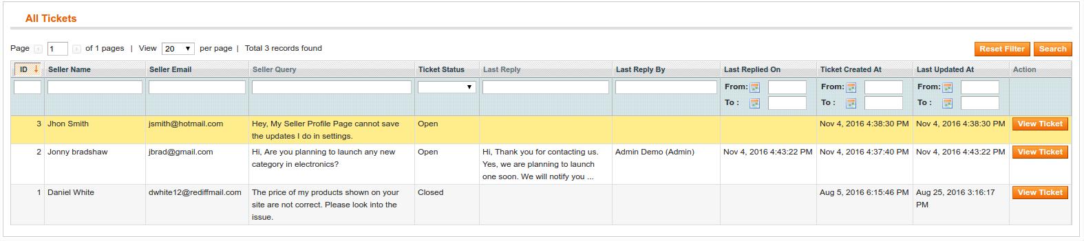 Magento Marketplace Contact Admin Addon-View Tickets.1 | Knowband