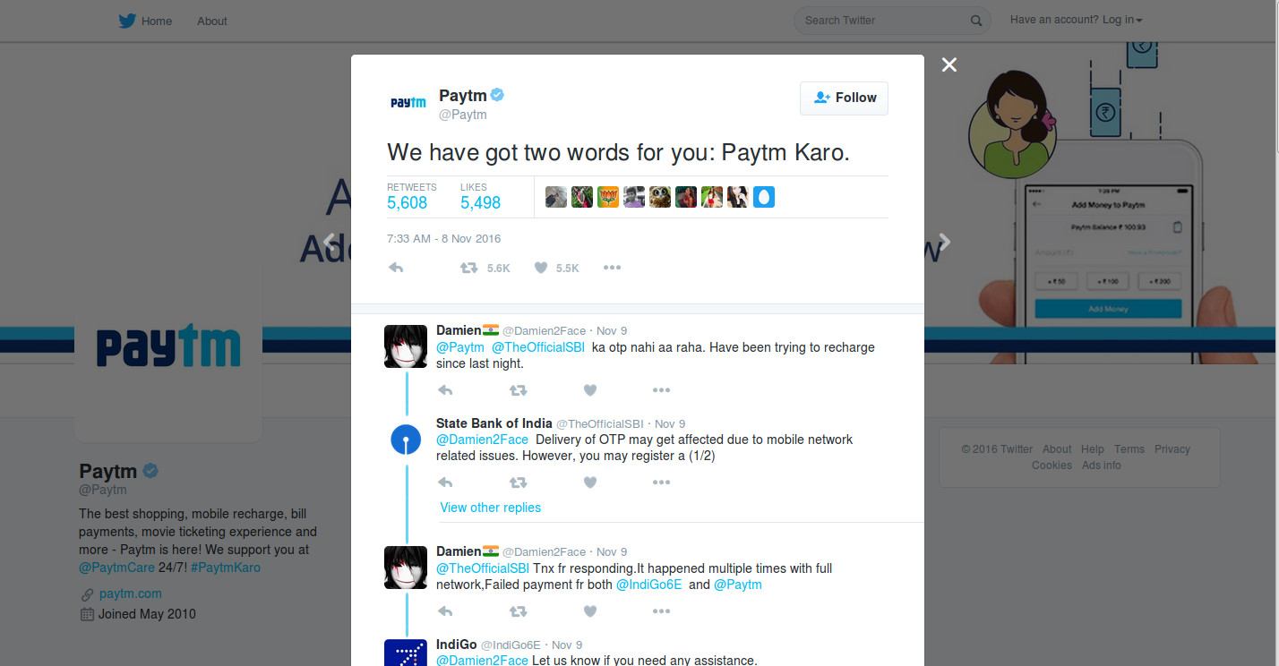 Comment est la démonétisation déplacer une aubaine pour le paiement numérique Page officielle twitter de de Paytm | knowband