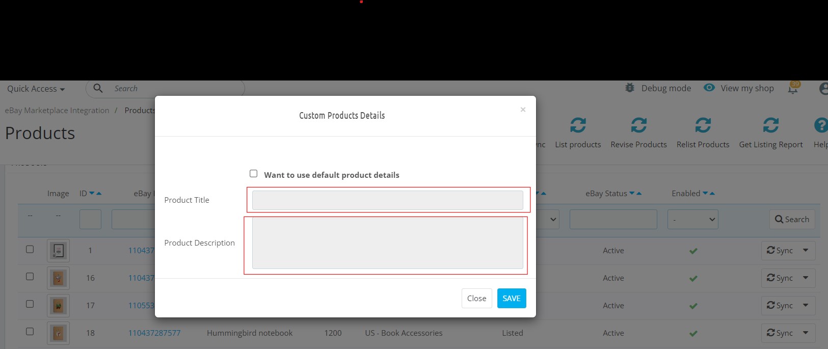 Configuración de detalles de producto personalizados en el módulo de integración de Knowband Prestashop con eBay