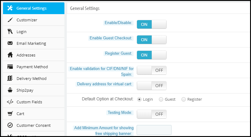 Configurações gerais do checkout de uma página do PrestaShop