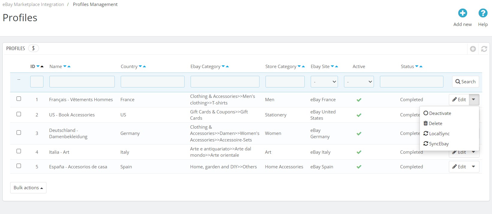 Pestaña de gestión de perfiles en el complemento de gestión de integración de eBay de Knowband