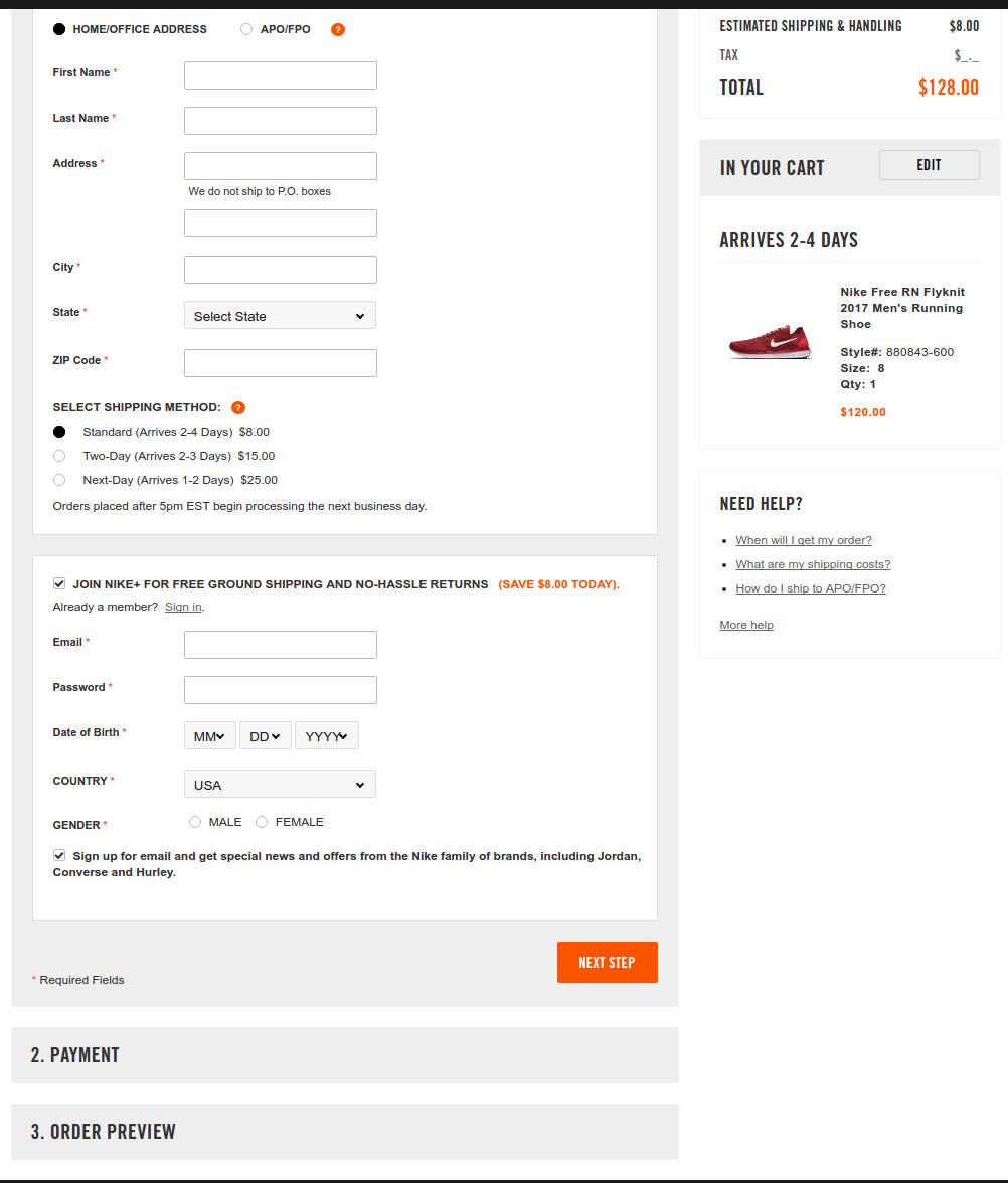pago y envío regular de página de Nike