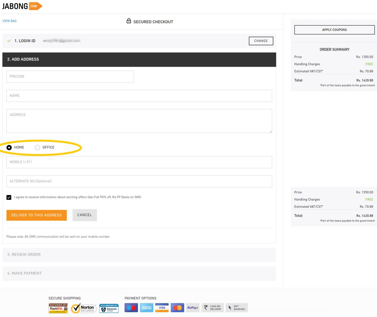 Jabong's Secured Checkout Page with more Options