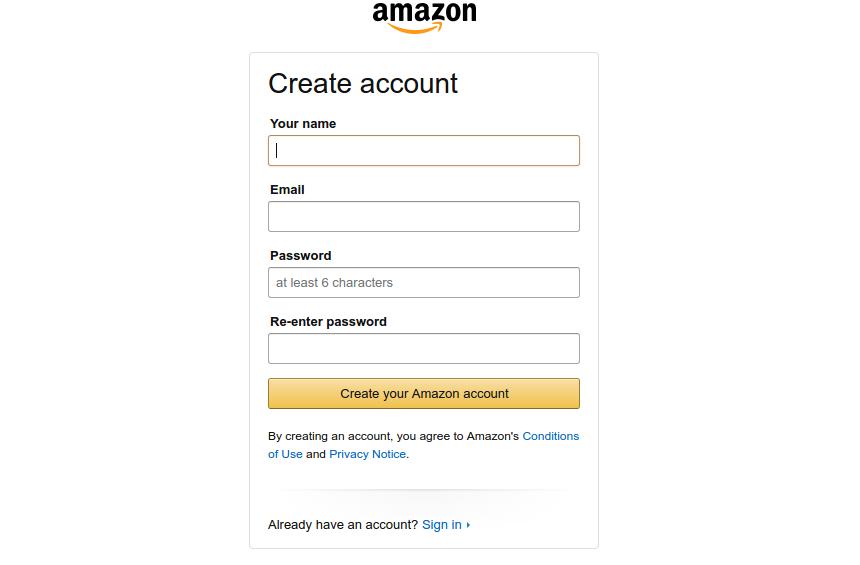 Página Criar Conta da Amazon
