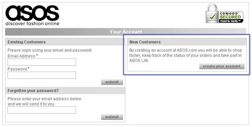 create an account Page of ASOS