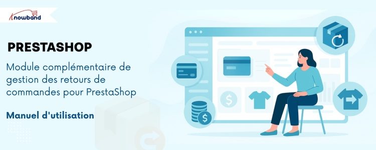 Page de couverture du manuel utilisateur de l'extension Gestionnaire de retours de commandes PrestaShop de Knowband, présentant les fonctionnalités de gestion des retours produits, d'automatisation des demandes de RMA et d'amélioration du service client.