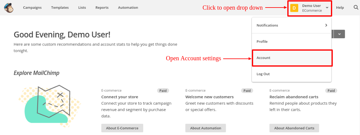 configuración de la cuenta de MailChimp