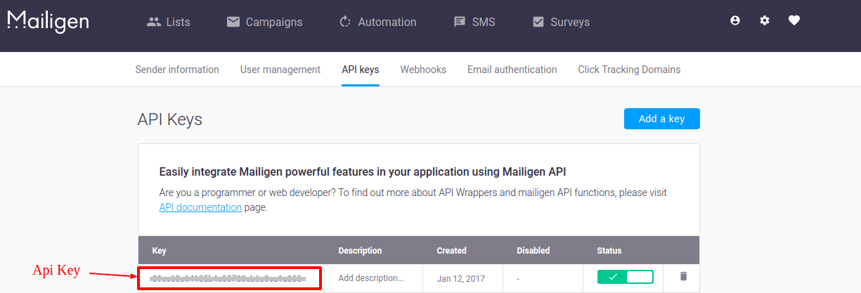 chiave API Mailigen