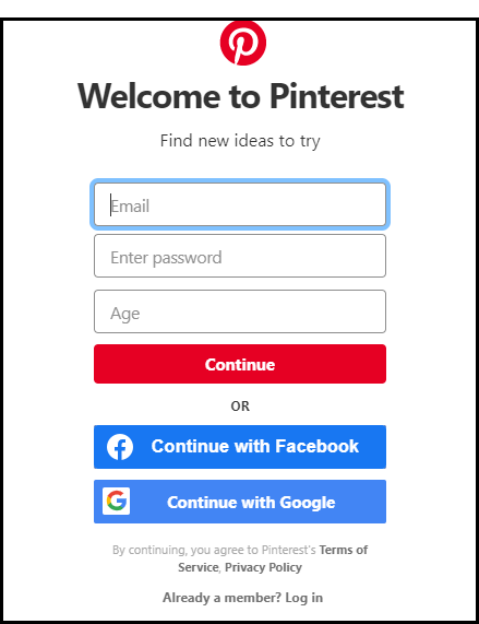 Przykład logowania na Pinterest - logowanie społecznościowe
