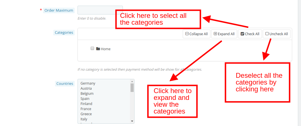 Select Categories tab | Prestashop Cash on Delivery with Fee Module