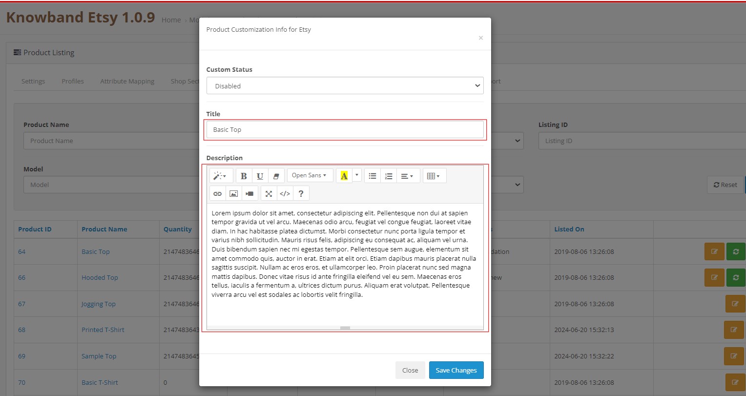 Información de personalización de productos para la integración de Etsy Prestashop con el módulo Knowband