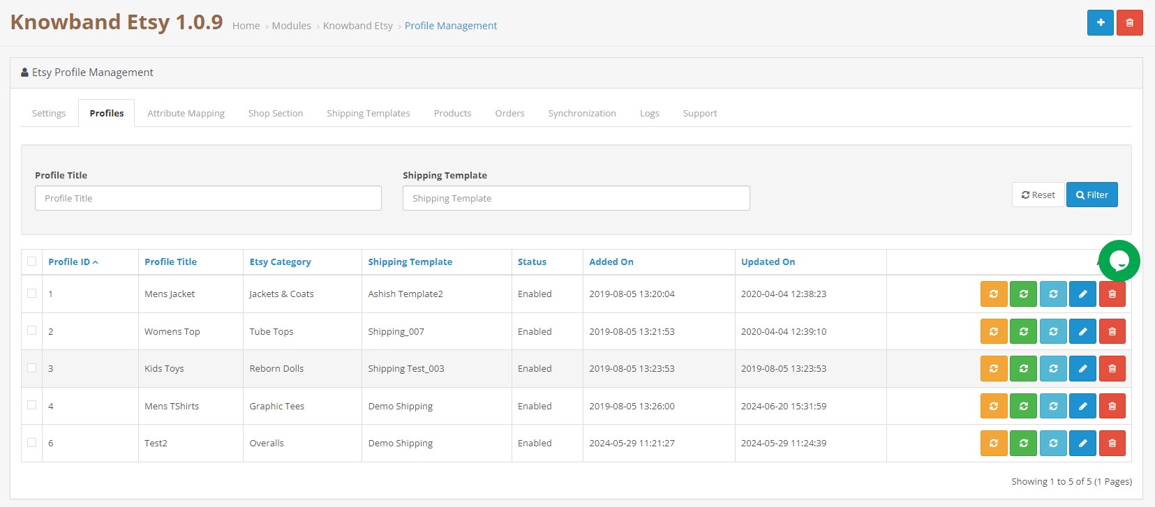 Pestaña de gestión de perfiles en el módulo de integración de Knowband con Etsy