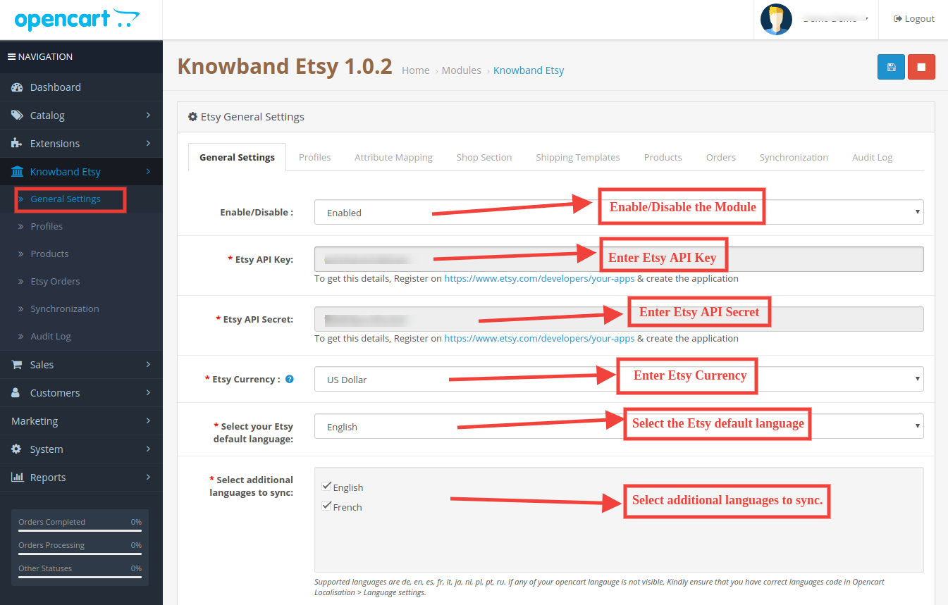 knowband-opencart-etsy-integration-admin-interface-allgemeine-einstellungen