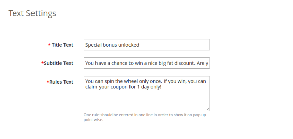 WooCommerce spin and win | text Settings