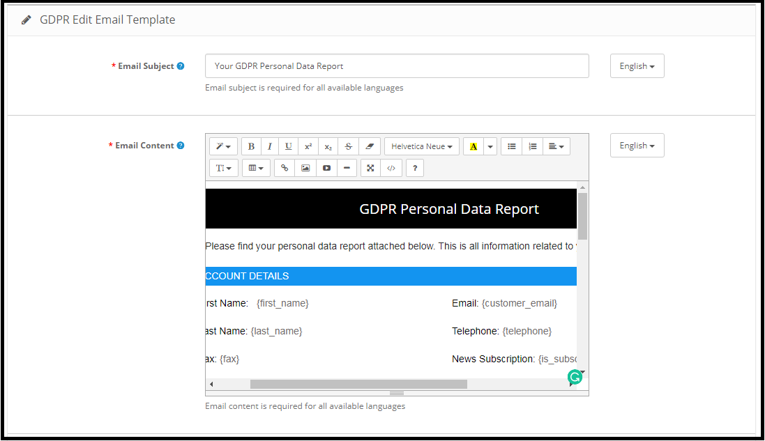 Informe de datos personales Opencart GDPR - Knowband