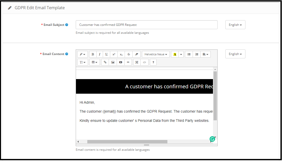 Notificação de Admin de Modelo de E-mail - Módulo GDPR Opencart da Knowband