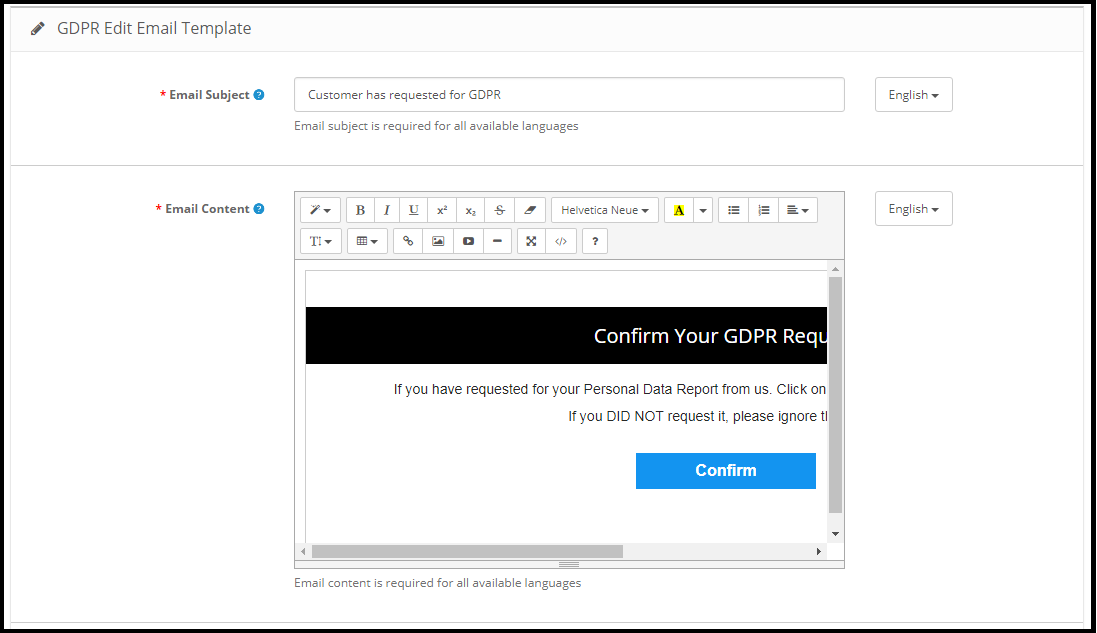 Solicitação GDPR Opencart - Modelo de E-mail