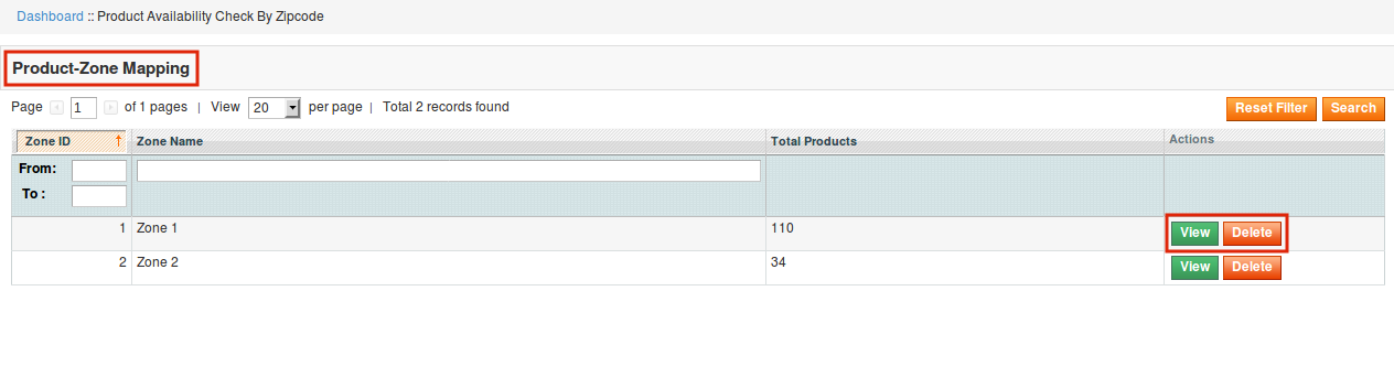 Magento Product Availability Check by Zipcode Extension - View/Delete Zone