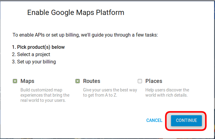 Etapas da geração de chaves da API do Google Maps