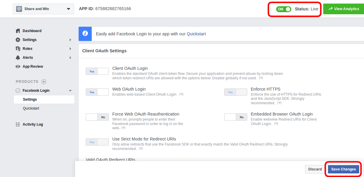 configurações de ID do aplicativo do facebook