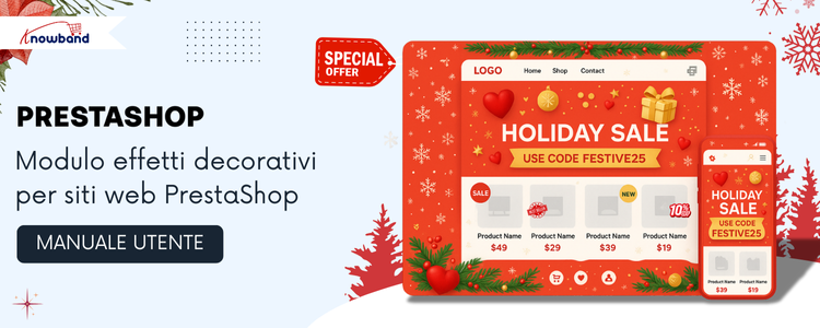 Manuale utente del modulo Effetti decorativi per siti web PrestaShop, che illustra le istruzioni di installazione e la guida alla configurazione per l'aggiunta di effetti decorativi a un negozio PrestaShop.