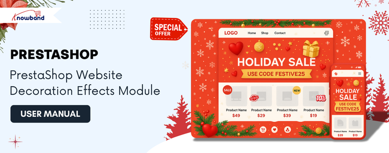 PrestaShop Website Decoration Effects Module User Manual showcasing setup instructions and configuration guide for adding decorative effects to a PrestaShop store