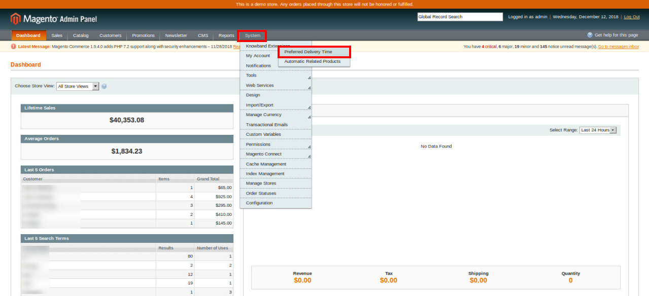 Magento Preferred Delivery Time extension admin-panel