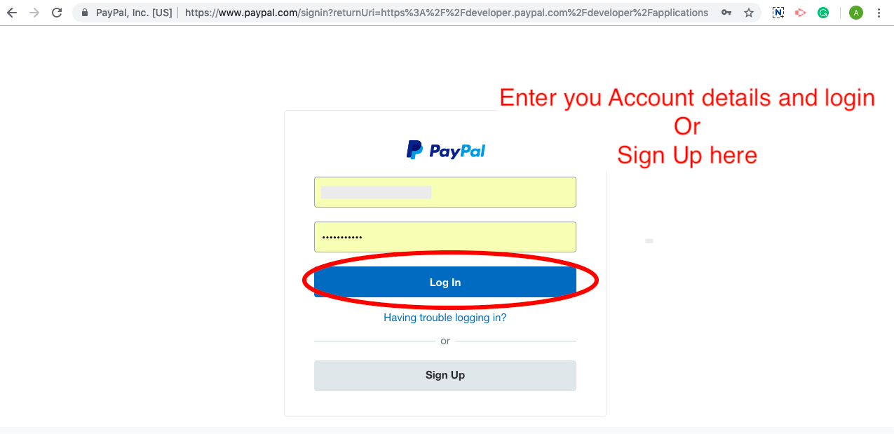 Formularz logowania Paypal: PayPal Id