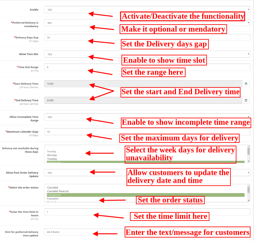 OpenCart preferred delivery time extension configuration
