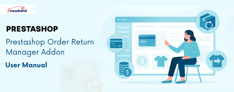 Cover page of the PrestaShop Order Return Manager Addon User Manual by Knowband, showing features for managing product returns, automating RMA requests, and improving customer service