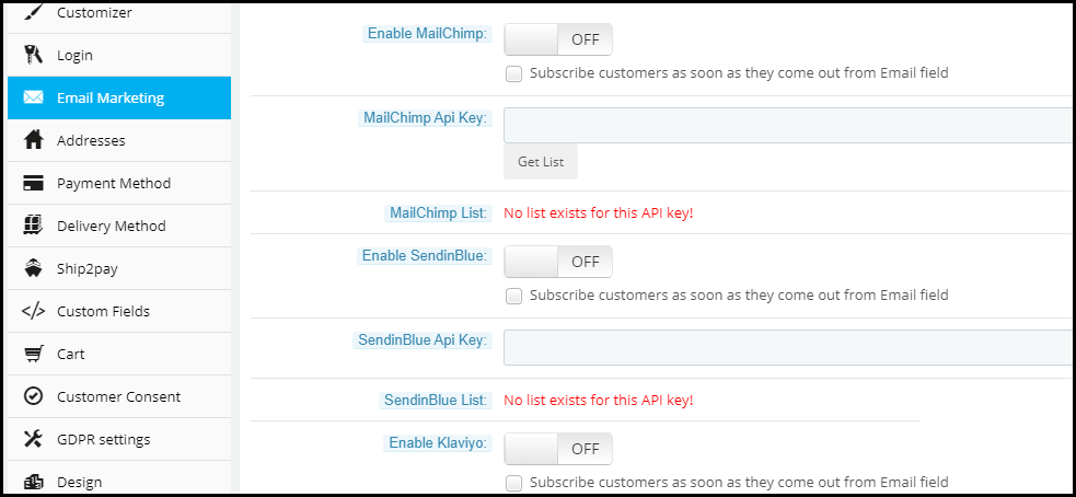MailChimp, SendinBlue y Klaviya Integrator en una página de pago
