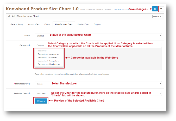 OpenCart Size chart link plugin