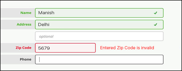 Affichage de la validation en ligne sur un formulaire de paiement de commerce électronique