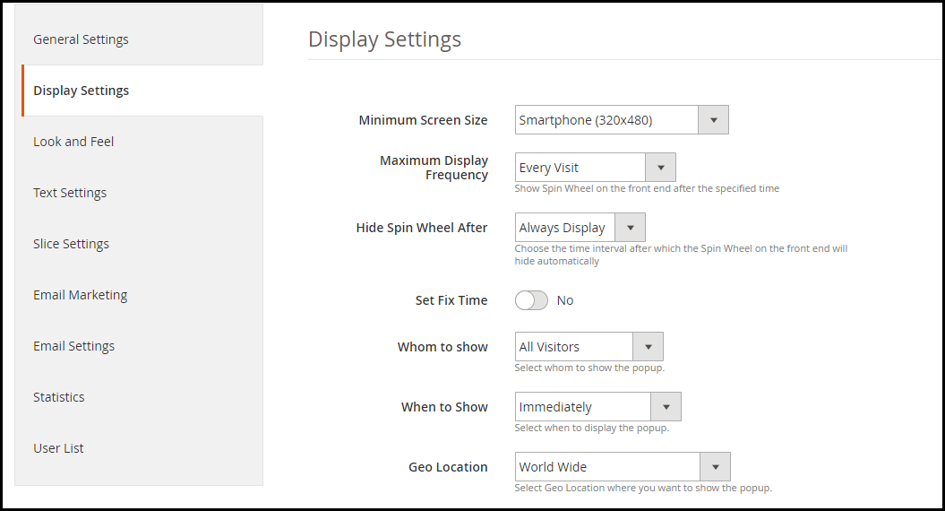 Magento 2 Spin and Win Display Settings
