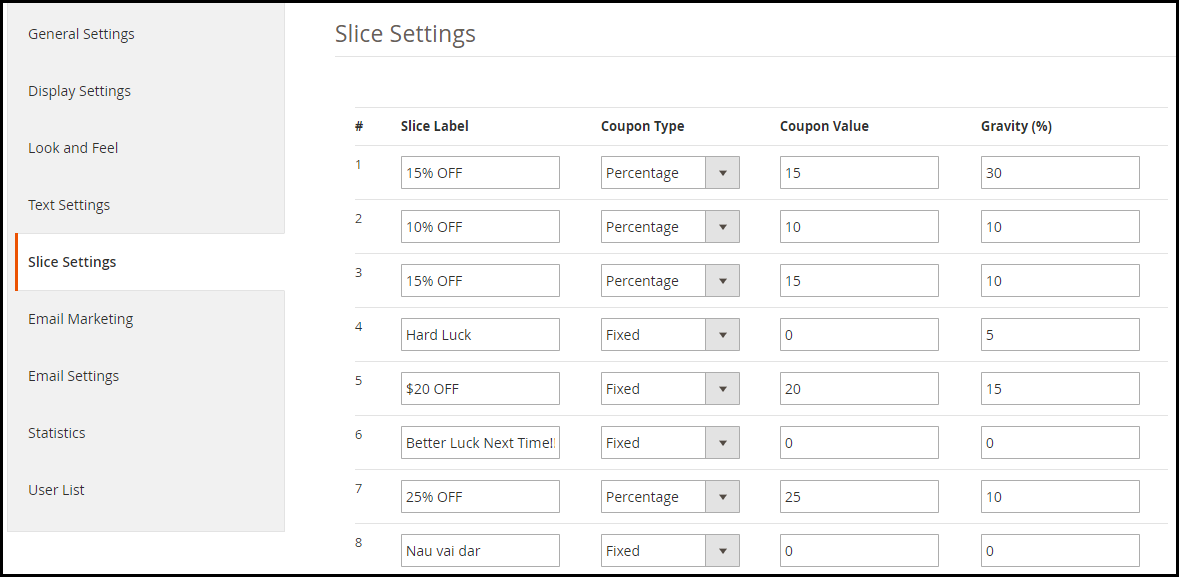 Magento 2 Spin and Win slice settings