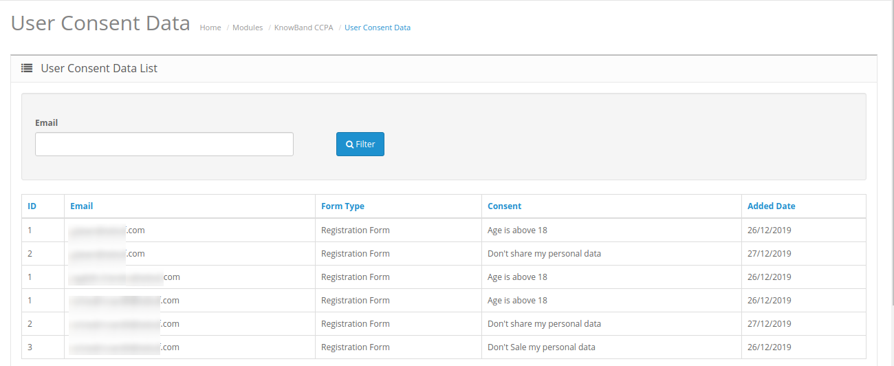 OpenCart CCPA Extension user consent data
