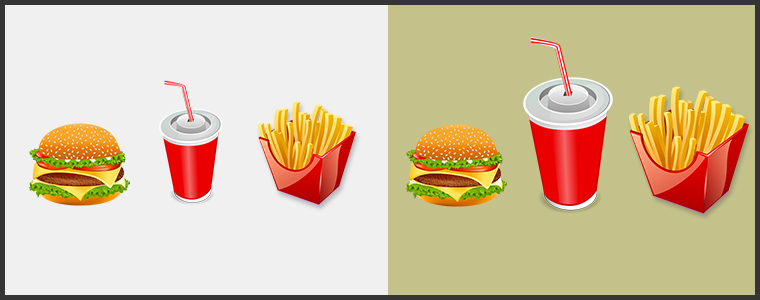 Przykład upsellingu z burgerem, colą i frytkami po lewej stronie i ich większymi wersjami po prawej stronie