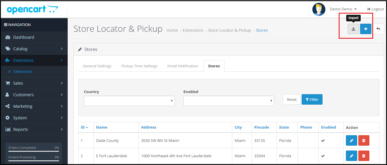 Configurations d'OpenCart Store Locator