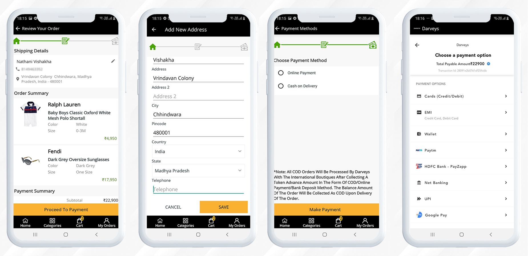 Processo di checkout e metodi di pagamento nel modulo dell'app mobile