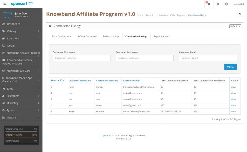Opencart affiliate-and-referral-module_admin-interface_commission-listing