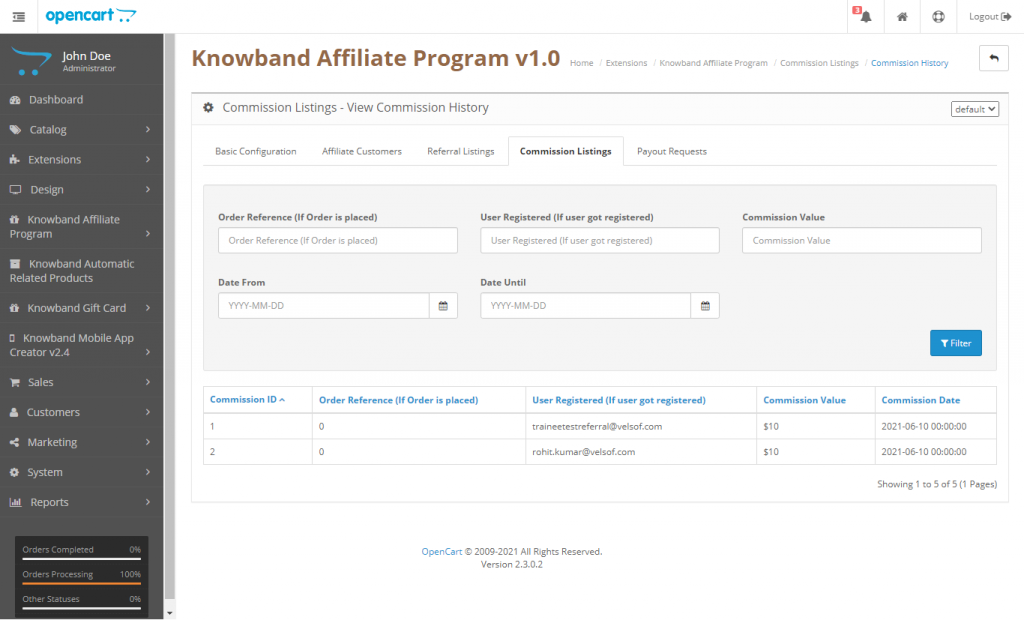Opencart affiliate-and-referral-module_admin-interface_view-affiliate-commission-history