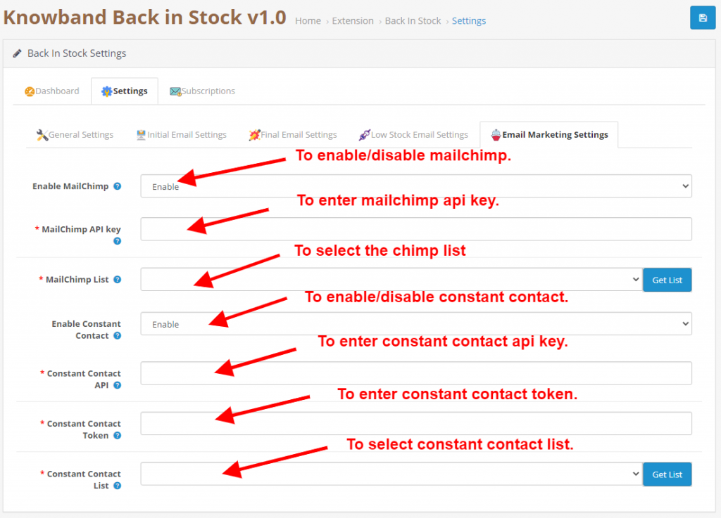 knowband-opencart-back-in-stock-module-email-marketing-settings